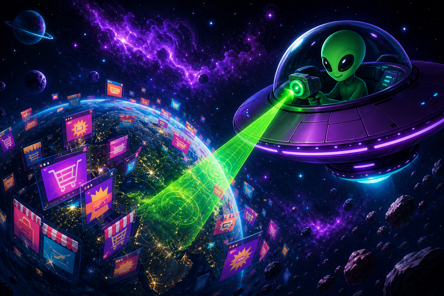 Alien observers scanning Earth for gimmicks and mindless vices from orbit